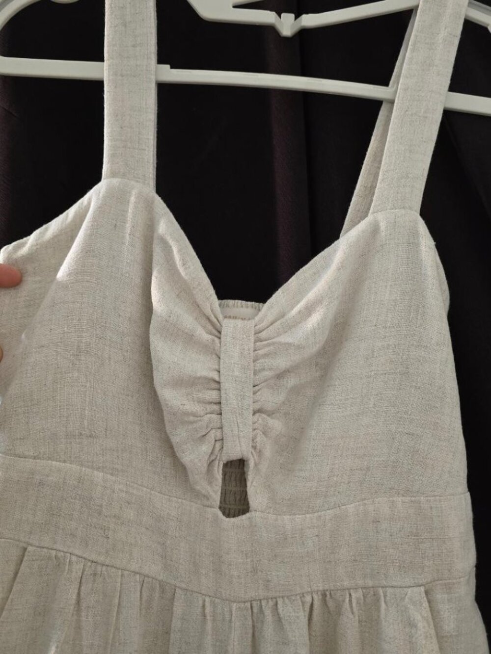 S Monteau LA Strap Tan Jumpsuit Linen-blend Rushed bodice & keyhole - wide leg